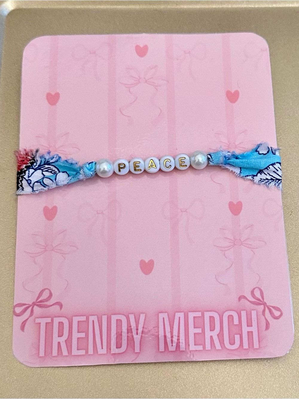 "HADMADE "PEACE" Blue Fabric & Pearl Bead Bracelet